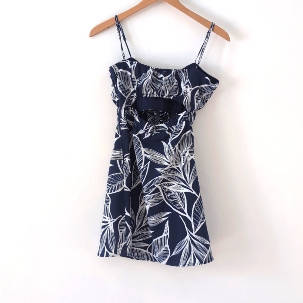 Favlux Cotton Navy White Tropical Leaf Print Cropped Mini Sun Dress Sz Medium - Picture 7 of 9